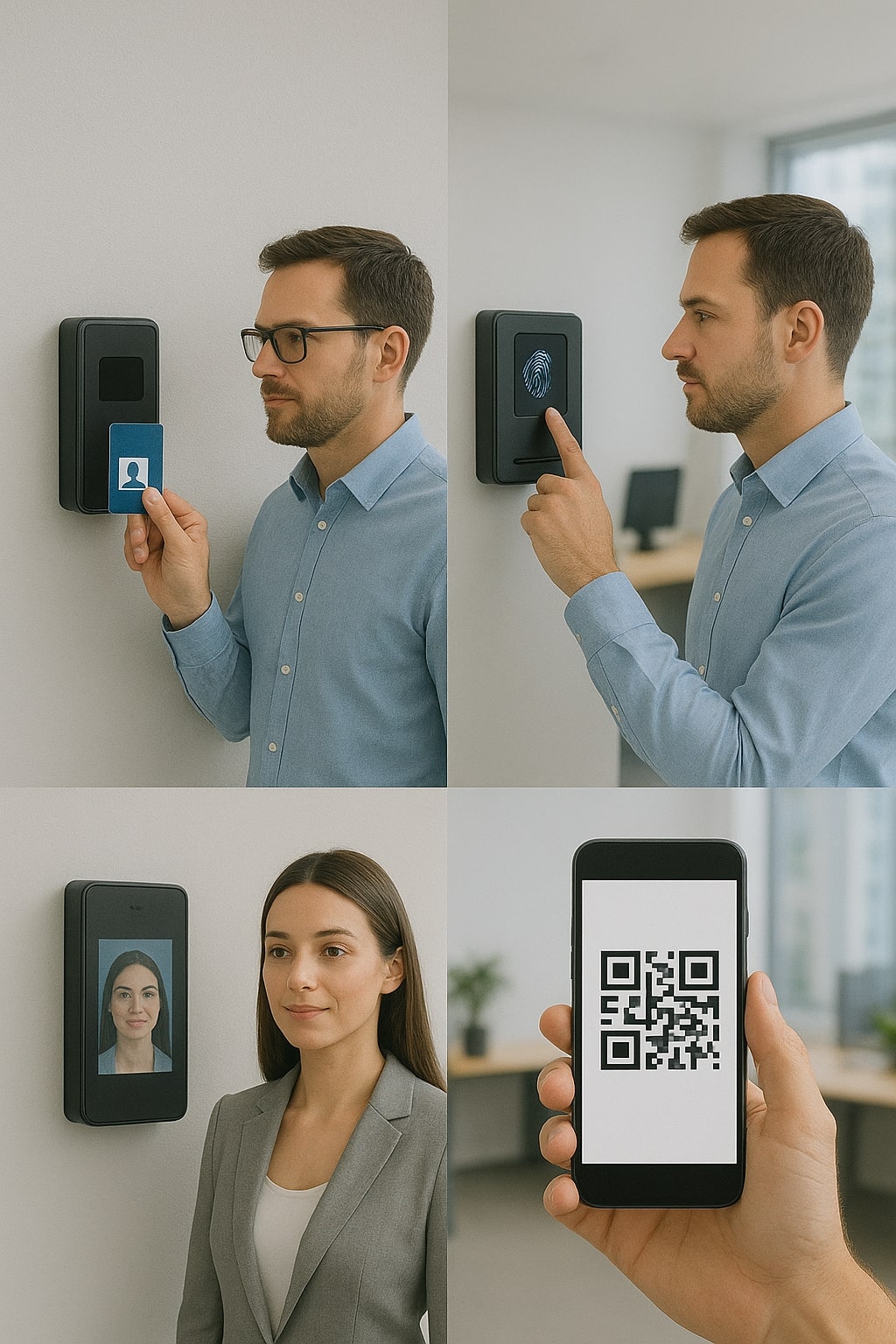 Ofis ortamında kartlı geçiş, parmak izi, yüz tanıma ve mobil uygulama ile personel takip sistemleri örnekleri.