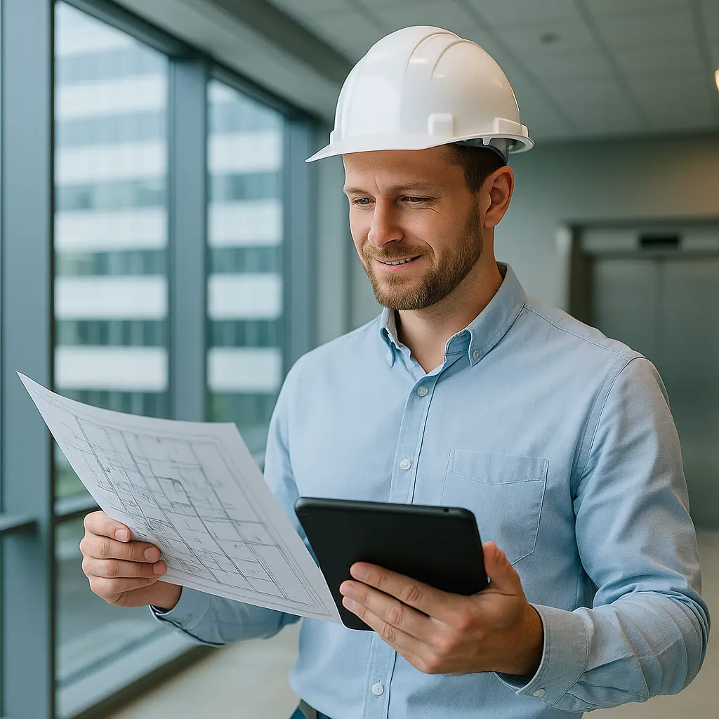 Yangın güvenliği uzmanı bina teknik planı üzerinde keşif ve projelendirme çalışması yapıyor